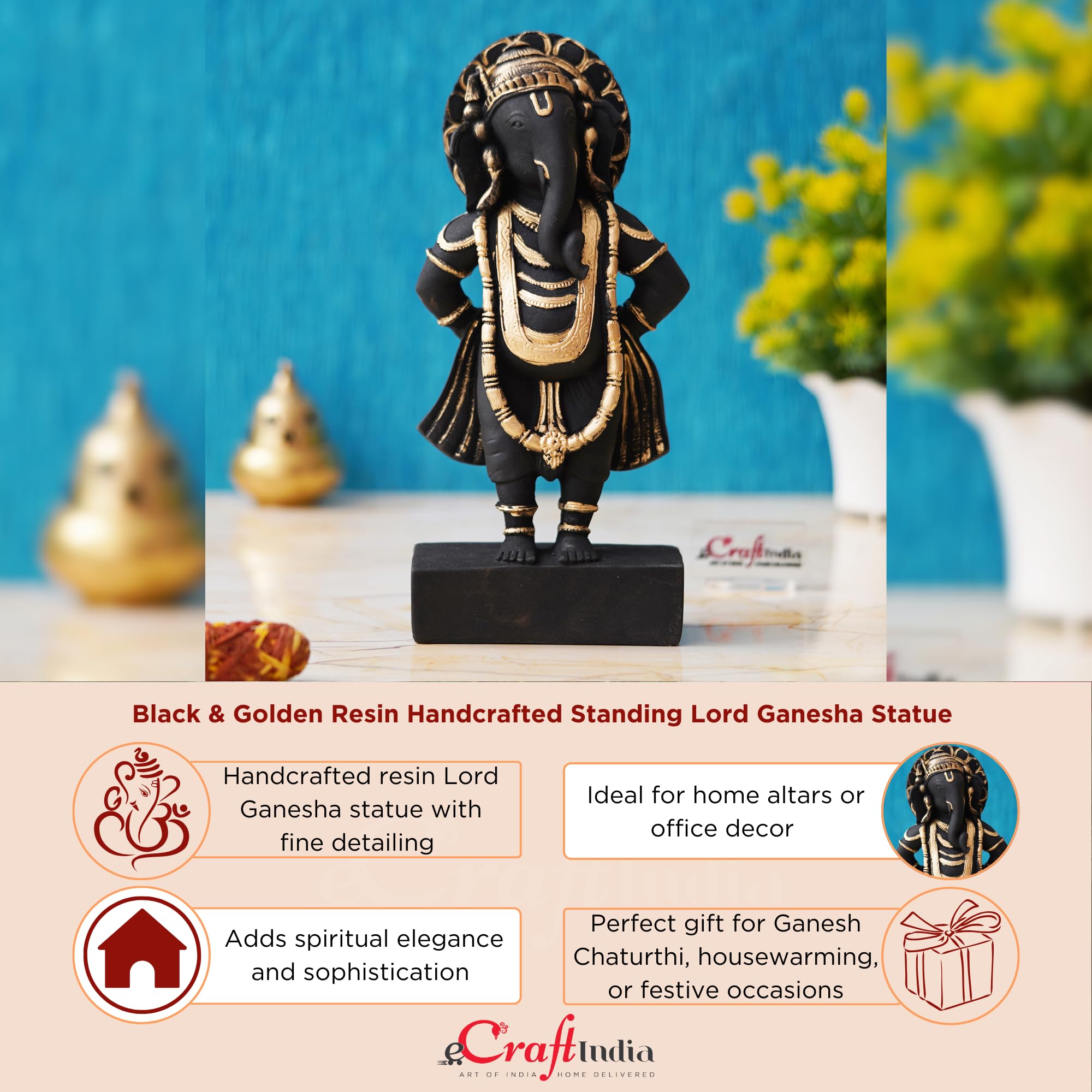 Ecraftindia Black & Golden Polyresin Handcrafted Standing Lord Ganesha Statue